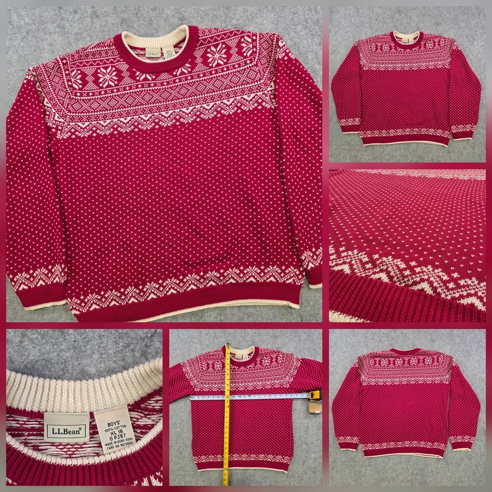 LL Bean Sweater Boys XL 18 Red Fair‎ Isle Cotton Holiday Winter Crewneck Knit